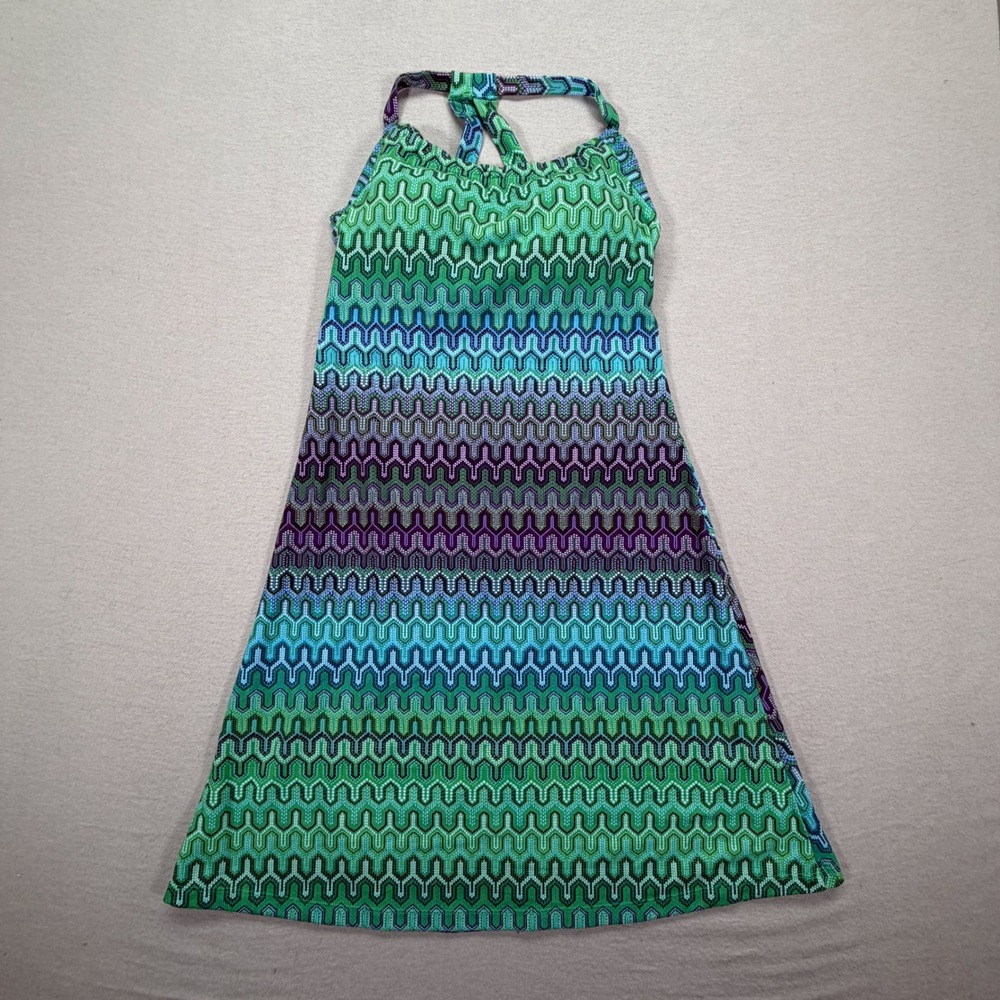 Prana Halter Dress Womens Small Good Green Blue Geometric Built-in Bra Active